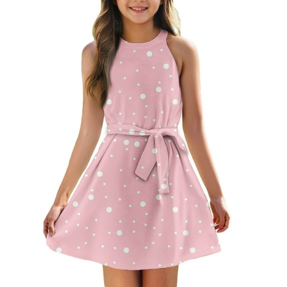 TQWQT Girls Dresses Summer Sleeveless Girls Halter Dress Size 10-12 Kids Tie Front Party Dress Cute Polka Dot Print Tween Girls Clothes Pink 130