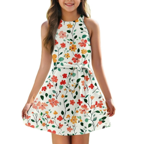 TQWQT Girls Dresses Summer Sleeveless Halter Dress Size 10-12 A Line Sundress Cute Kids Tie Front School Dress Floral Print Tween Girls Clothes Watermelon Red 130