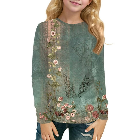 TQWQT Girls Ethnic Floral Print Long Sleeve Shirt Trendy Graphic Tee Size 10-12 Winter Cute Shirt Kids Crewneck Tshirt Girls Tops Tween Girls Clothes