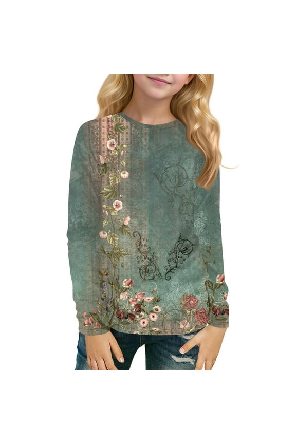 TQWQT Girls Ethnic Floral Print Long Sleeve Shirt Trendy Graphic Tee Size 10-12 Winter Cute Shirt Kids Crewneck Tshirt Girls Tops Tween Girls Clothes