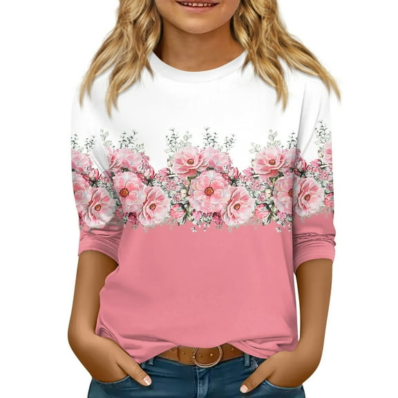 TQWQT Girls Floral 3/4 Sleeve Shirt Girls Tops Kids Crewneck Tshirts Size 10-12 Cute Pink Tween Girls Clothes Trendy Fall Outfits Pink 13-14 Years