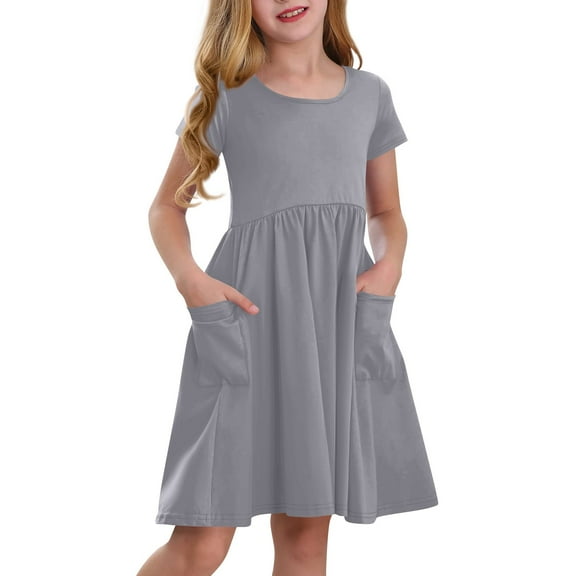 TQWQT Girls Gray Dresses Summer Short Sleeve Girls Sundress Size 10-12 Kids Crew Neck Swing Dresses Cute Plain Tween Girls T-Shirt Dress with Pockets Gray 110
