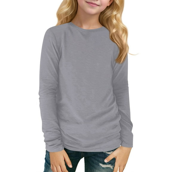 TQWQT Girls Gray Long Sleeve Shirt Girls Tops T Shirts Kids Crew Neck Size 10-12 Cute Basic Tween Girls Clothes Trendy Fall Outfits 11-12 Years