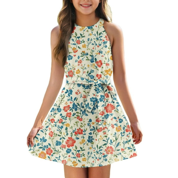 TQWQT Girls Halter Dresses Size 10-12 Casual Floral Print Tween Girls Clothes Sleeveless Tie Front Cute Party Dress Kids Summer Outfits Red 120