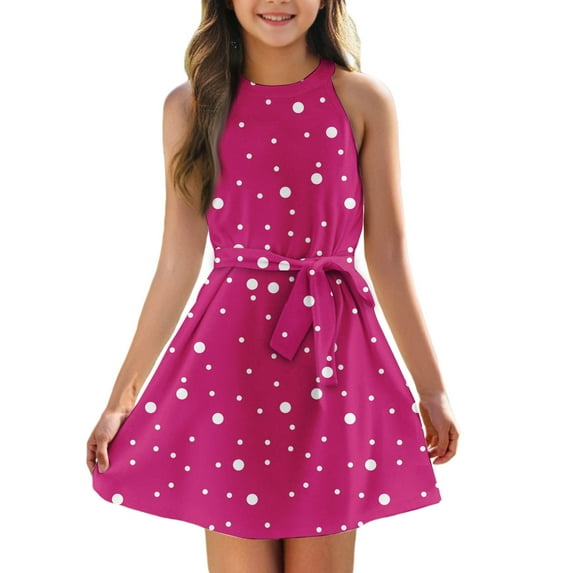 TQWQT Girls Halter Dresses Summer Cute Halter Dress Size 10-12 Kids Tie Front Mini Dress Sleeveless Girls Sundress Tween Girls Clothes Hot Pink 120