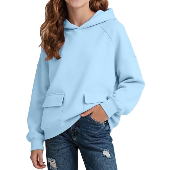 TQWQT Girls Hoodie Sweatshirt Long Sleeve Pullover Tops Casual Solid Color Hooded Jacket Outerwear Kids Fashion Clothing Fall Winter Spring Oversized Loose Fit Teen Girls Clothes Blue 7-8 Years