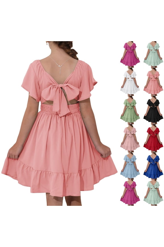 Girls Light Blue Dresses Off Shoulder Casual Dress Size Cute Girls Dresses Tie Back Dresses Kids Square Neck Formal Dress Plain Tween Girls Clothes