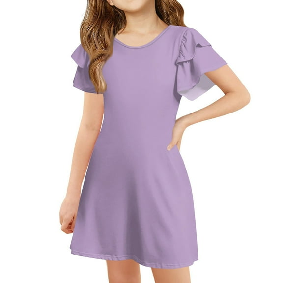 TQWQT Girls Light Purple Dresses Summer Cute Beach Dress Kids Crew Neck Size 10-12 A Line Sundress Ruffle Short Sleeve Girls Dresses Tween Girls T-Shirt Dress Light Purple 140