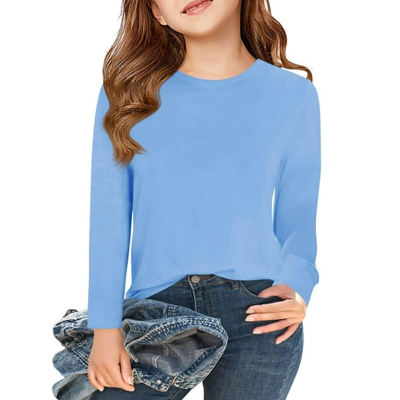 TQWQT Girls Long Sleeve Shirts Blue Girls Tops Size 10-12 Spring Cute Shirt Toddler Kids Crewneck Tshirt Plain Tween Girls Clothes 160