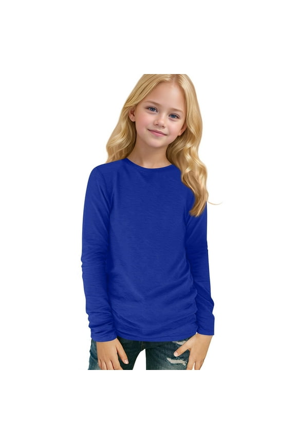 TQWQT Girls Long Sleeve Shirts Dark Blue Basic Shirts Size 10-12 Fall Cute Shirt Trendy Kids Crewneck Tshirts Girls Tops Tween Girls Clothes 11-12 Years