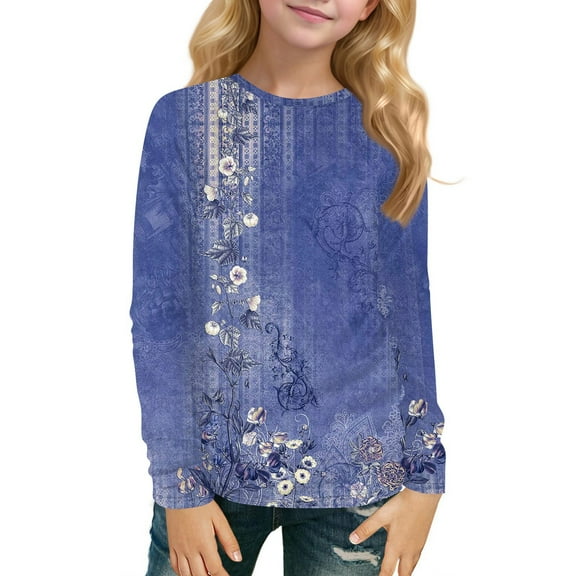 TQWQT Girls Long Sleeve Shirts Ethnic Floral Print Graphic Shirts Trendy Size 10-12 Cute Shirt Kids Crewneck Tshirts Girls Tops Tween Girls Clothes