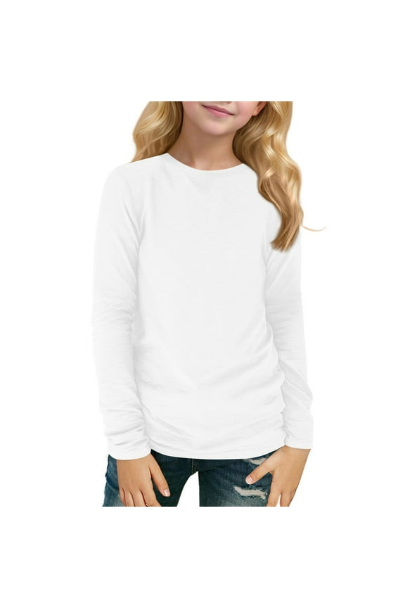 TQWQT Girls Long Sleeve Shirts Fall Trendy Basic Shirts Size 10-12 Kids Shirt Cute Crewneck Tee Shirts Girls Tops Tween Girls Clothes White 11-12 Years