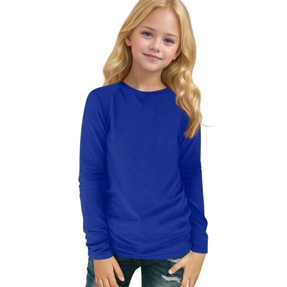 TQWQT Girls Long Sleeve Shirts Fall Trendy Plain Shirts Size 10-12 Kids Shirt Cute Crewneck T Shirts Girls Tops Tween Girls Clothes Dark Blue 5-6 Years