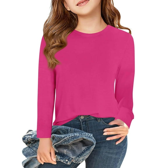 TQWQT Girls Long Sleeve Shirts Hot Pink Basic Shirts Toddler Size 10-12 Cute Shirt Kids Crewneck T-shirts Girls Tops Tween Girls Clothes 160
