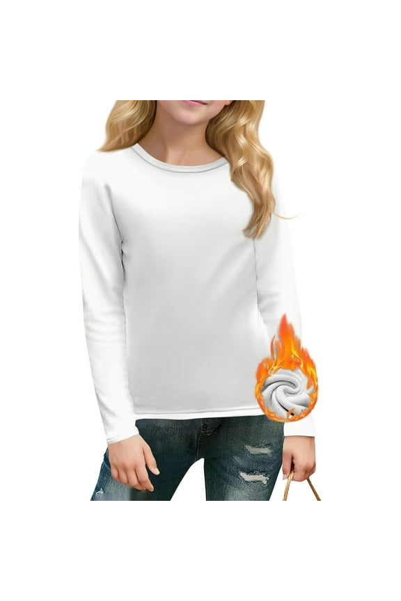 Girls Long Sleeve Shirts Winter White Shirts Size 3-4 Fleece Lined Basic Shirt Warm Kids Crew Neck Tshirt Girls Tops Tween Girls Clothes