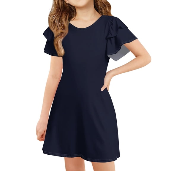 TQWQT Girls Navy Dresses Summer Ruffle Short Sleeve Beach Dress Size 10-12 A Line Sundress Cute Kids Crewneck Party Dress Plain Tween Girls T-Shirt Dress Navy 140