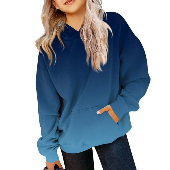 TQWQT Girls Oversized Dark Blue Hoodie Size 10-12 Plain Pullover Top Hooded Long Sleeve Gradient Trendy Tween Girl Clothing Cute Hoodies 9-10 Years
