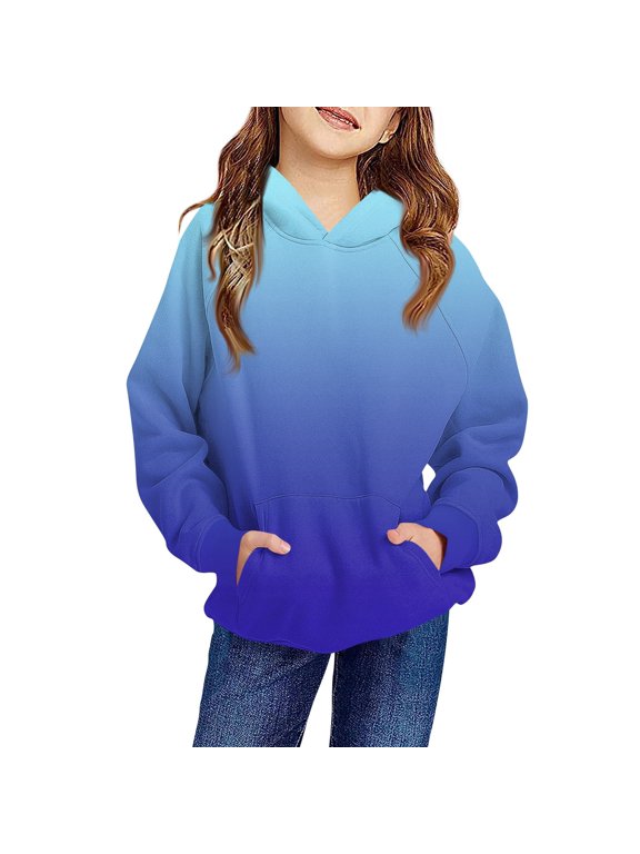 TQWQT Girls Oversized Hoodie Size 10-12 Sweatshirts Long Sleeve Gradient Blue Hoodie Cute Hooded Pullover Hoodies Trendy Tween Girl Clothing 9-10 Years