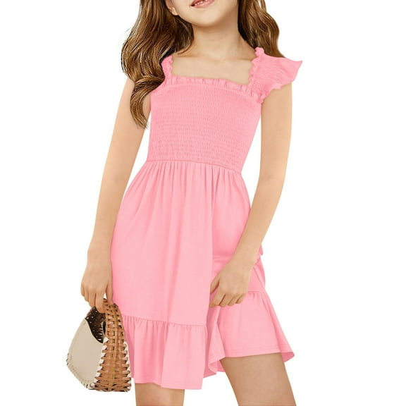 TQWQT Girls Pink Dresses Summer Sleeveless Girls Sundress Size 10-12 Smocked Dresses Cute Crew Neck Party Dress Kids Tween Girls Clothes Pink 160