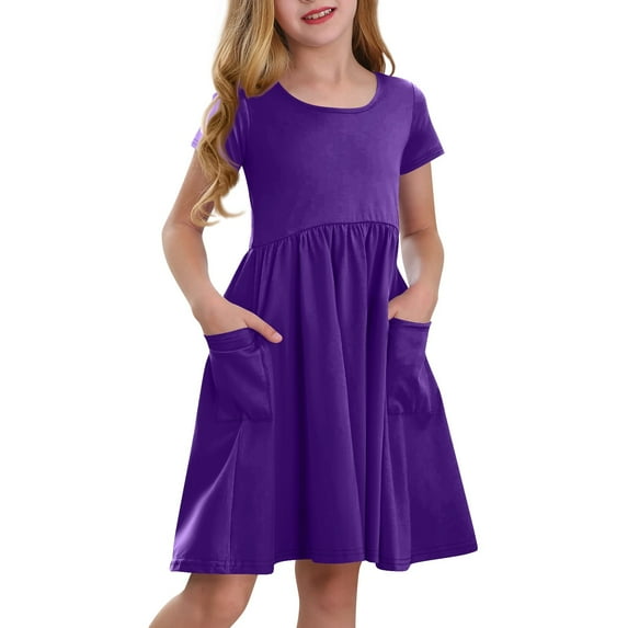 TQWQT Girls Purple Dresses Short Sleeve Beach Dress Size 10-12 Cute Basic A Line Sundress Kids Crew Neck Skater Dress Girls Dresses Tween Girls T-Shirt Dress with Pockets Purple 130