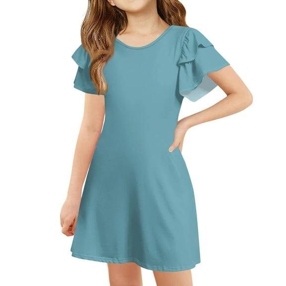 TQWQT Girls Royal Blue Dresses Summer Ruffle Short Sleeve Plain Dress Size 10-12 Kids A Line Sundress Cute Crew Neck Swing Dresses Girls Dresses Tween Girls T-Shirt Dress Royal Blue 120