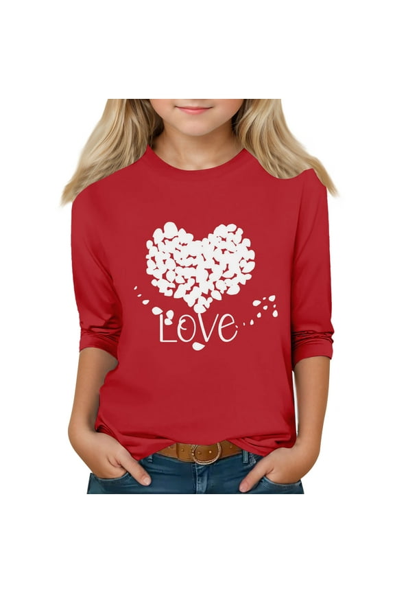 TQWQT Girls Spring 3/4 Sleeve Valentines Shirt Girls Tops Tshirt Kids Crew Neck Size 7-8 Cute Love Heart Tween Girls Clothes Trendy Spring Outfits