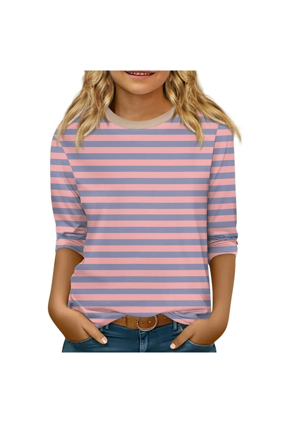 TQWQT Girls Striped 3/4 Sleeve Shirt Trendy Graphic Shirts Size 10-12 Fall Cute Shirt Kids Crew Neck Tshirt Girls Tops Tween Girls Clothes Pink 11-12 Years