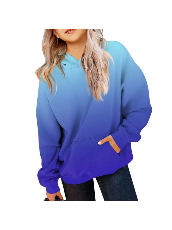 Girls Sweatshirts Oversized Cute Blue Hoodies Long Sleeve Size 10-12 Hoodie Gradient Hooded Pullover Hoodies Kids Preppy Clothes 3-4 Years