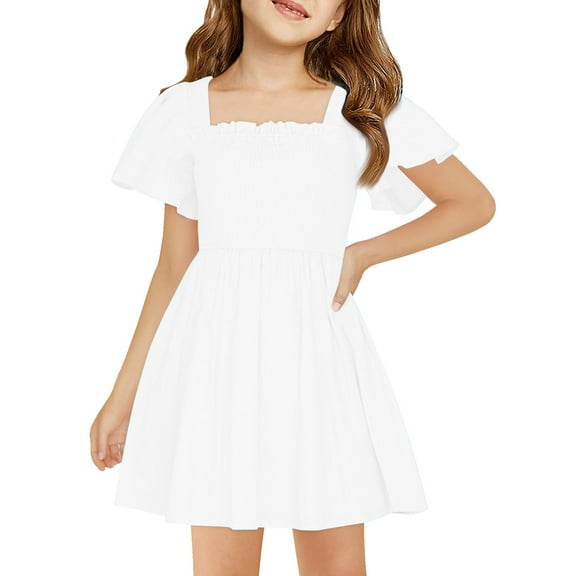 TQWQT Girls White Dresses Size 10-12 Casual Basic Tween Girls T-Shirt Dress Kids Crewneck Cute School Dress Ruffle Short Sleeve Summer T-Shirt Dress White 150