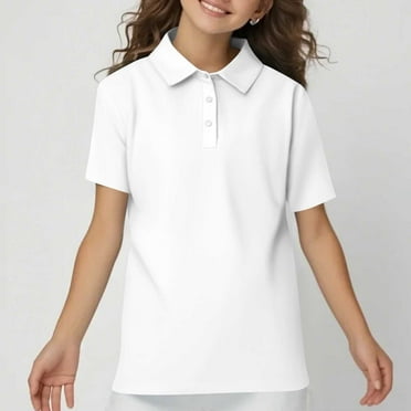 TQWQT Girls White Golf Polo Shirts Size 5-6 Short Sleeve Button Down Collared Shirt Casual Loose V Neck Tshrits Kids Uniform Shirts Blouses Summer Tops 120