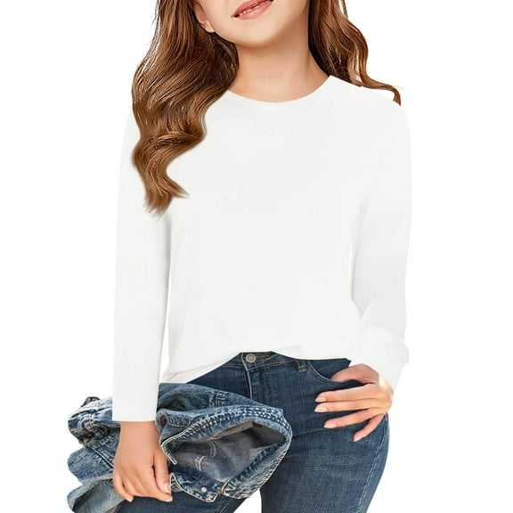 TQWQT Girls White Long Sleeve Shirt Toddler Plain Tee Shirts Crew Neck Size 10-12 Cute Girls Tops Tween Girls Clothes Kids Spring Outfits 130