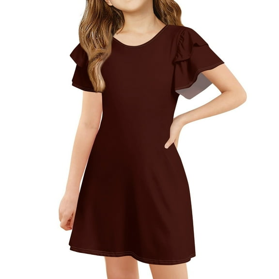 TQWQT Girls Wine Dresses Summer Cute Beach Dress Size 10-12 A Line Sundress Ruffle Short Sleeve Kids Crew Neck School Dress Plain Tween Girls T-Shirt Dress Wine 140
