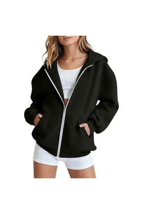 Girls Zip Up Hoodie Jacket Long Sleeve Pullover Sweatshirt Solid Color Casual Outerwear Coat Tops Kids Youth Fashion Black 12-13 Years