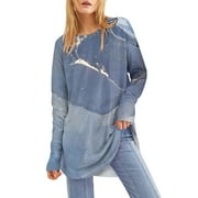 TQWQT Womens Plus Size Tops Casual Long Sleeve Shirts for Women Crew Neck Round Hem Loose Tunic Pullover for Women with Thumb Holes Blue 3XL