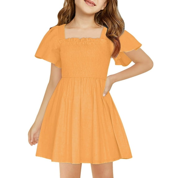 TQWQT Gold Dresses for Girls Summer Ruffle Short Sleeve Plain Dress Size 10-12 Kids Smocked Sundress Cute Crewneck Mini Dress Girls Dresses Tween Girls T-Shirt Dress Gold XXL