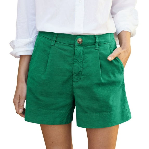 TQWQT Green Linen Shorts Women Dressy Casual Linen Bermuda Shorts High Waisted Wide Leg Chino Shorts with Pockets Trendy Summer Pleated Shorts Green L