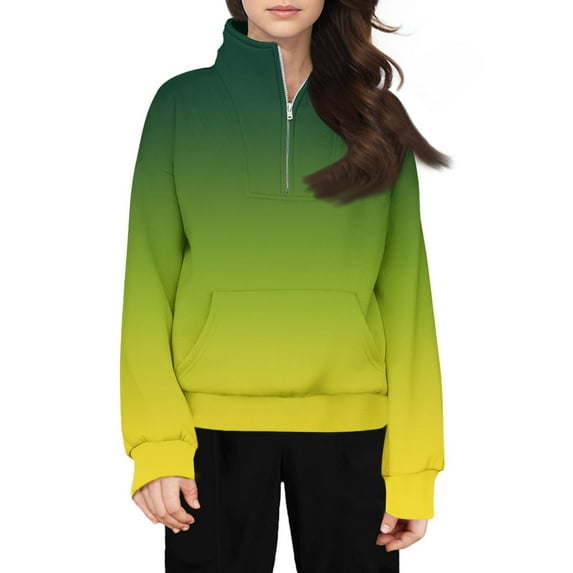 TQWQT Half Zip Sweatshirt Kids Girls Hoodie Long Sleeve Gradient Color Cute Crop Tops Tween Girls Pullover Trendy 10-12 Clothes for Girls Green 160(13-14Y)