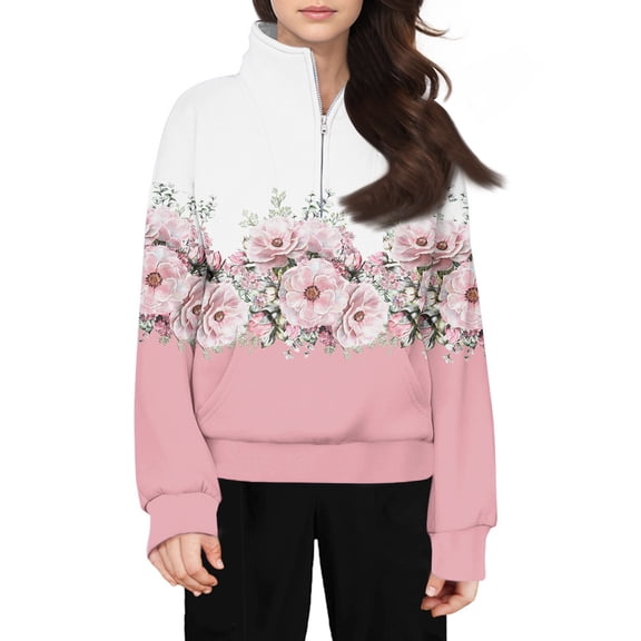 TQWQT Half Zip Sweatshirts for Girls Kids 10-12 Long Sleeve Floral Print Cute Crop Tops Hoodies Tween Girls Pullover Clothes for Girls Pink 130(7-8Y)