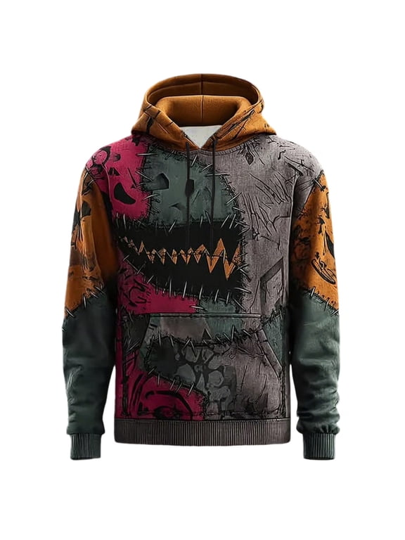 Halloween Graphic Hoodies for Men Women Scary Monster Face Stitched Mouth Print Drawstring Hooded Sweatshirt Distressed Patchwork Pullover with Kangaroo Pocket Red S