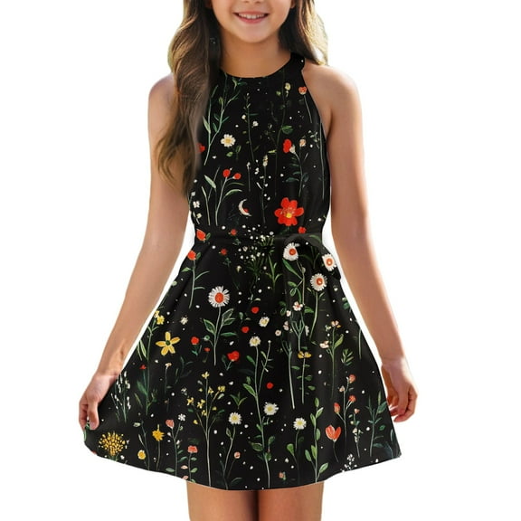 TQWQT Halter Dresses for Girls Floral Print Mini Dress Kids Tie Front Size 10-12 Cute Girls Sleeveless Sundress Tween Girls Clothes Trendy Summer Outfits Black 120