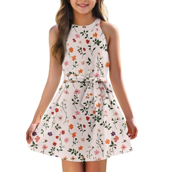 TQWQT Halter Dresses for Girls Sleeveless Floral Print Tie Front Party Dress Size 10-12 Cute Girls Sundress Tween Girls Clothes Kids Summer Outfits Pink 130