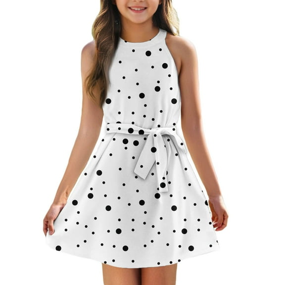 TQWQT Halter Dresses for Girls Cute Girls Swing Sundress Tie Front Size 10-12 Kids Tween Girls Clothes Sleeveless White 120