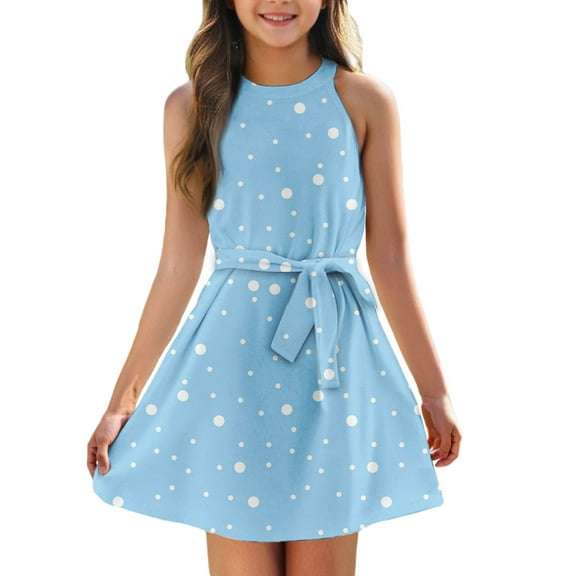 TQWQT Halter Dresses for Girls Cute Polka Dot Print Mini Dress Kids Tie Front Size 10-12 Girls Sundress Tween Girls Clothes Sleeveless Light Blue 150