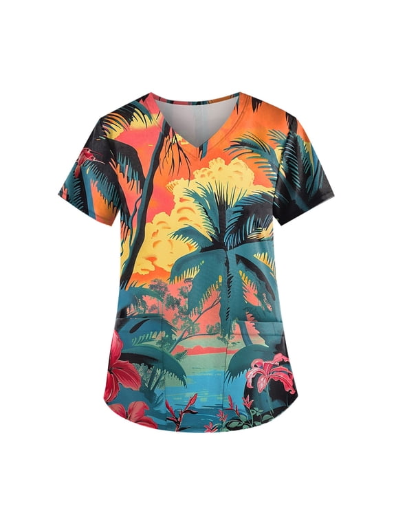 TQWQT Hawaiian Women Plus Size V-Neck Short Sleeve T-Shirt Fashion Beach Floral Tropic Graphic Tee Shirts Beach Cr Tops Orange L