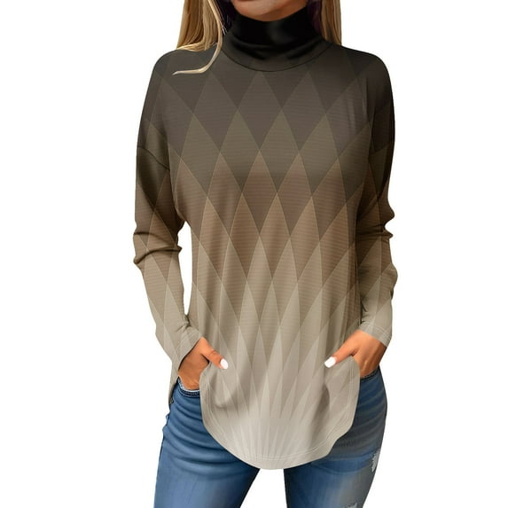 TQWQT High Neck Tops for Women Long Sleeve Color Block Curved Hem Graphic Tee Mockneck Loose Fit T-Shirts Plus Size Fall Shirts Coffee S