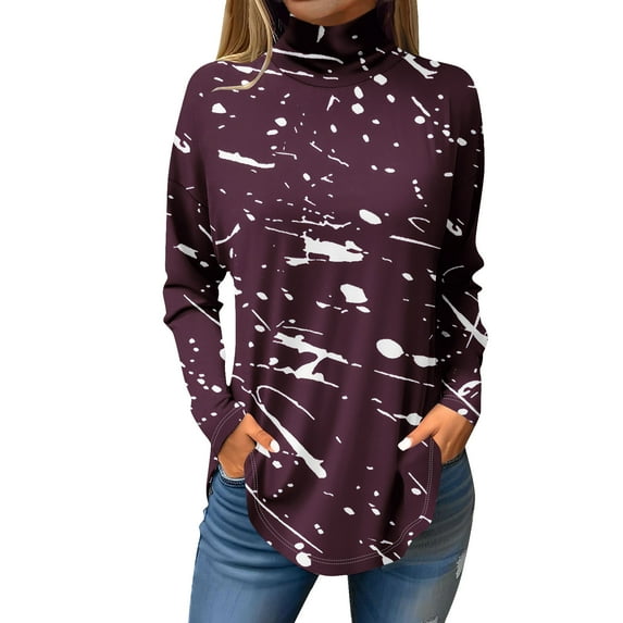 TQWQT High Neck Tops for Women Long Sleeve Color Block Printed Curved Hem Graphic Tee Plus Size Mockneck Loose Fit T-Shirts Fall Shirts Dark Purple S