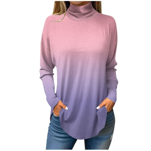 TQWQT High Neck Tops for Women Long Sleeve Floral Curved Hem Graphic Tee Turtleneck Loose Fit T Shirts Plus Size Fall Shirts Pink XL