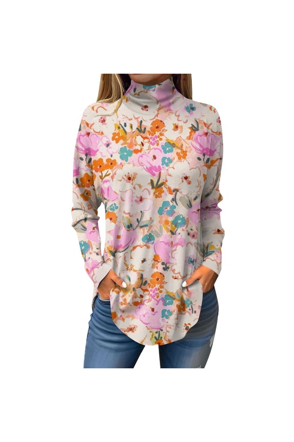 TQWQT High Neck Tops for Women Long Sleeve Floral Printed Curved Hem Graphic Tee Turtleneck Loose Fit T-Shirts Plus Size Fall Shirts Multicolor XL