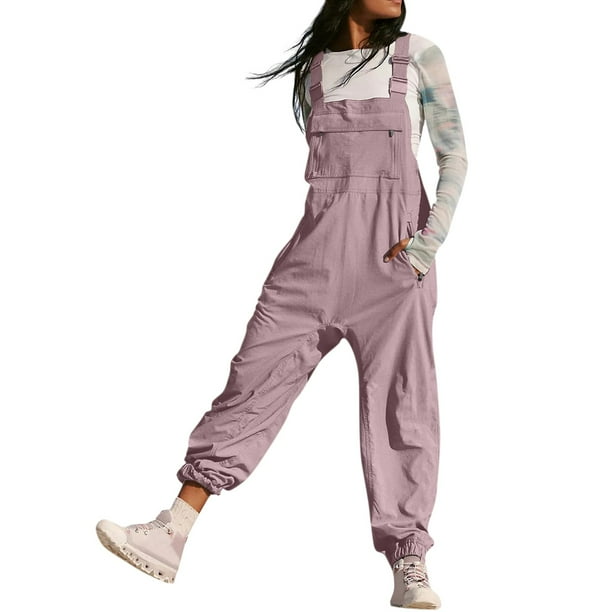 TQWQT Hiking Overalls for Women Loose Fit Adjustable Straps Cargo Jogger Jumpsuit Casual Bib Rompers with Zippered Pockets Pink S