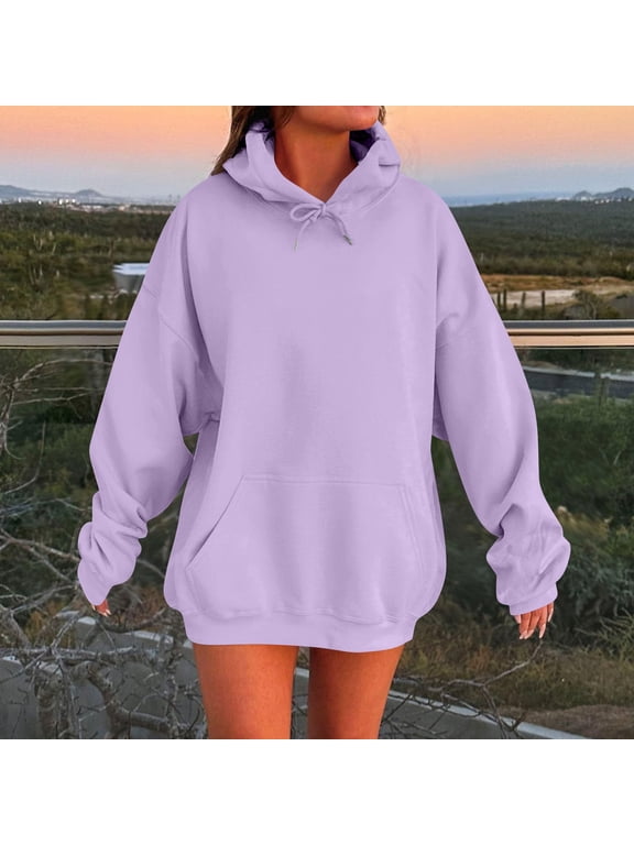 Hoodies for Women Solid Color Light Purple Hoodies Oversized Long Sleeve Drawstring Hoodie Plain Hooded Pullover Y2k Hoodie with Pockets Light Purple 2XL